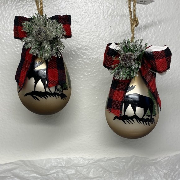 Brown Glass Teardrop Christmas Ornaments W Moose N Trees Design Set of 2 NWT - Picture 10 of 16